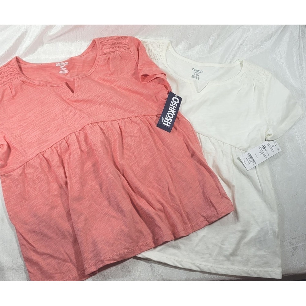 2 Oshkosh B'gosh Girl's Babydoll Style T-shirts - Coral & Ivory - Size 12/12A
